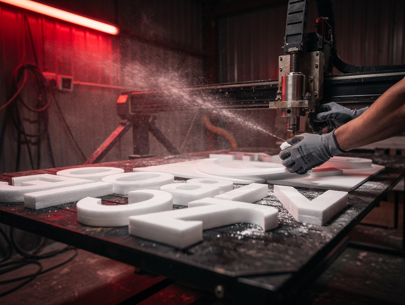 CNC milling router cutting dimensional letters from dense foam and acrylic