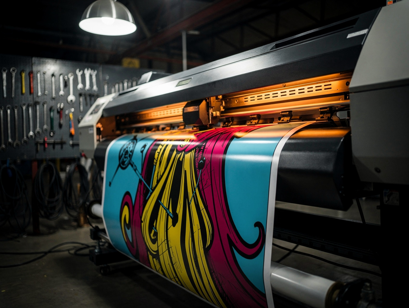 Documentary view of large format printer running roll media in workshop