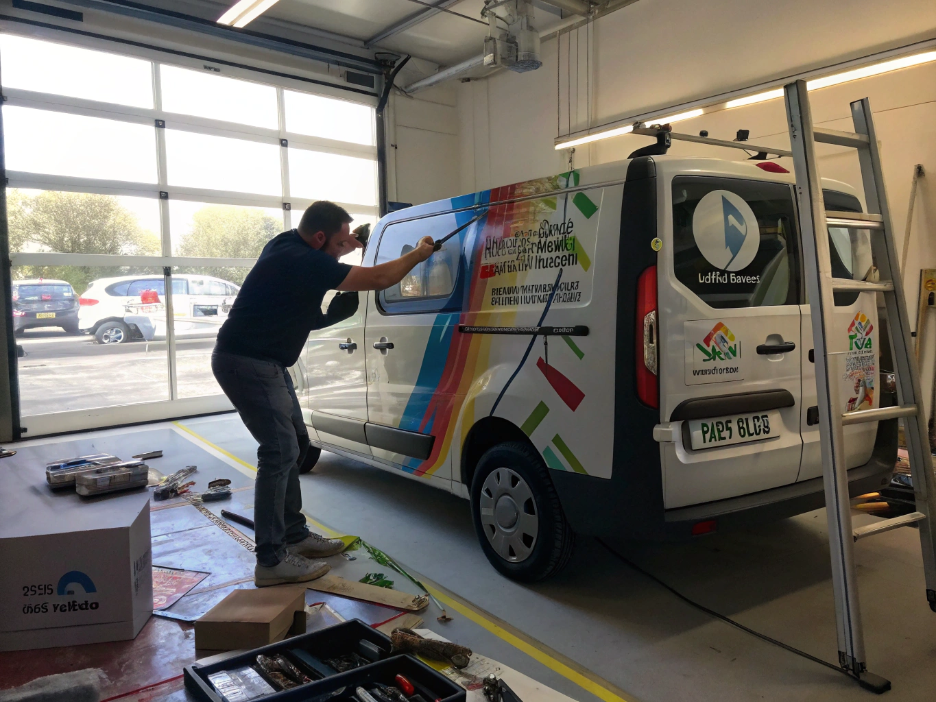 Technician squeegeeing printed cast vinyl on commercial vehicle side